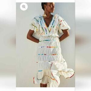 FARM RIO Colorful Striped White Midi Dress Rainbow S Ruffle Tiered